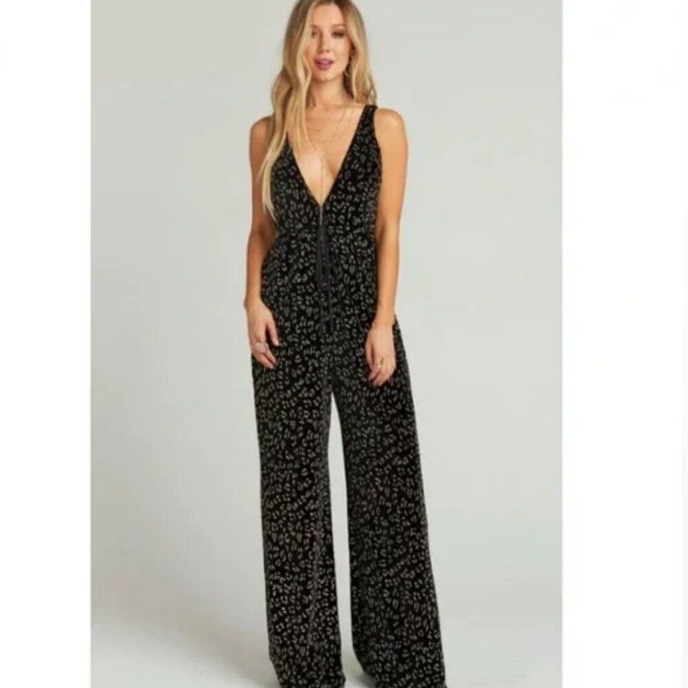 Show Me Your MuMu Black Velvet Leona Gold Glitter Cheetah Jumpsuit XS